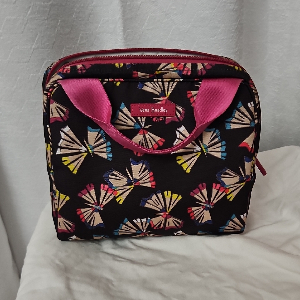 Vera Bradley Black Cosmetic Case with Pink Handles and Multicolor Fan Print